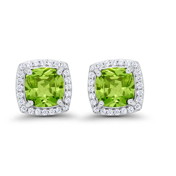 Halo Cushion Bridal Earrings Simulated Peridot CZ 925 Sterling Silver